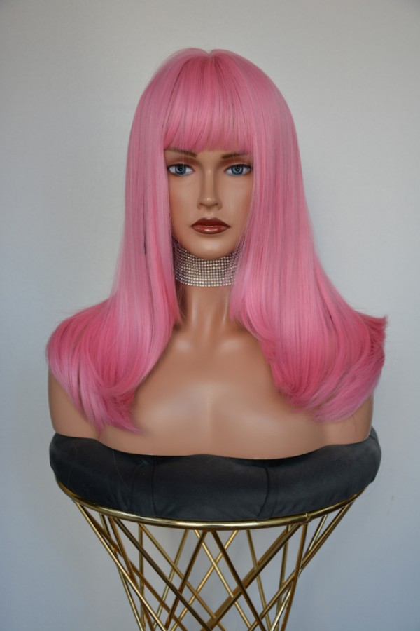 Pembe Fiber Sentetik Orta Boy Perçemli Peruk